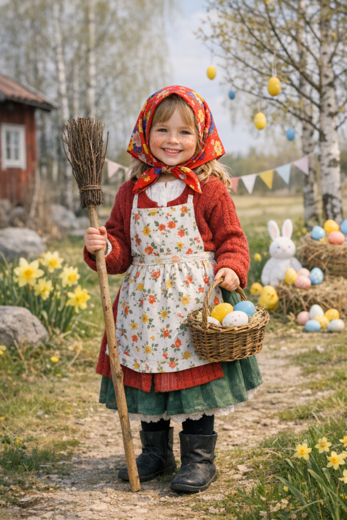 スウェーデン イースター 歴史 を象徴する、Påskkärringに仮装した子どもと春の飾りが並ぶ北欧の風景。