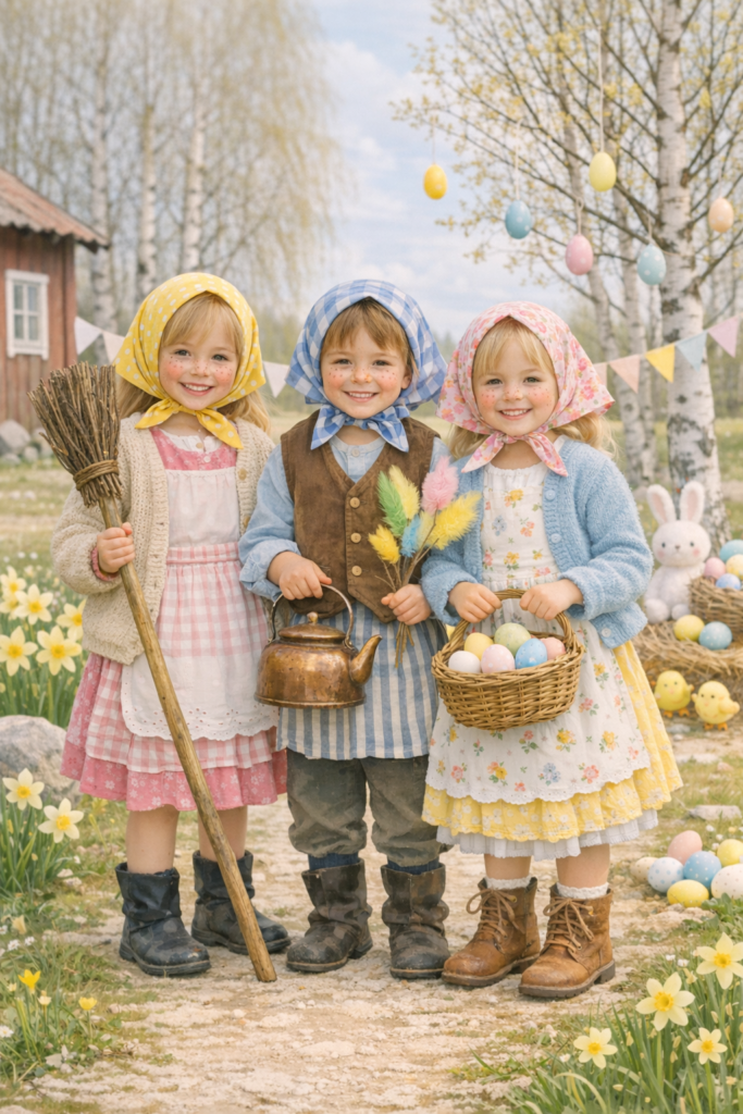 スウェーデン イースター 違いで使用。魔女 を象徴する、Påskkärringに仮装した子どもの姿。春の飾りとともに北欧の伝統を感じる写真。