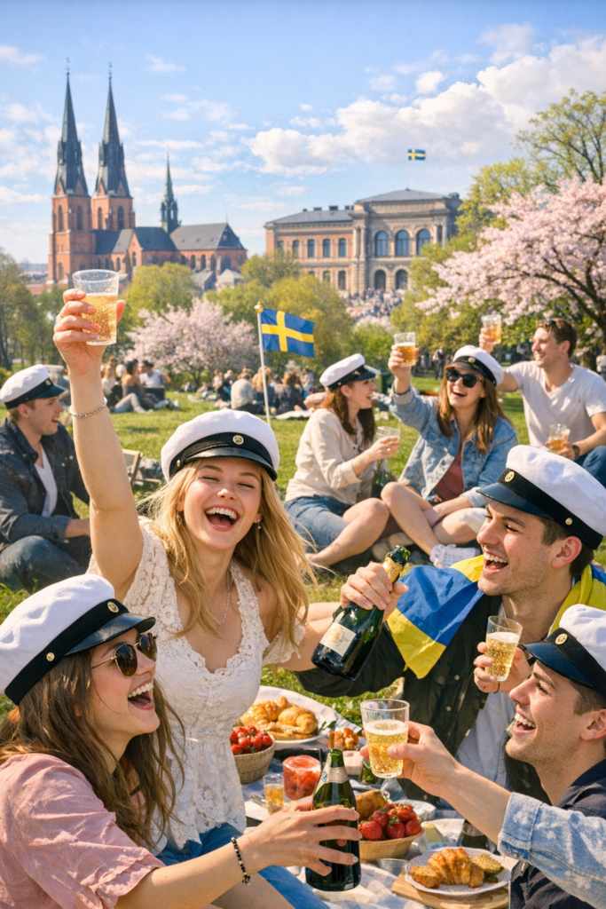 学生たちが楽しむスウェーデン Valborg 過ごし方 のシャンパン朝食